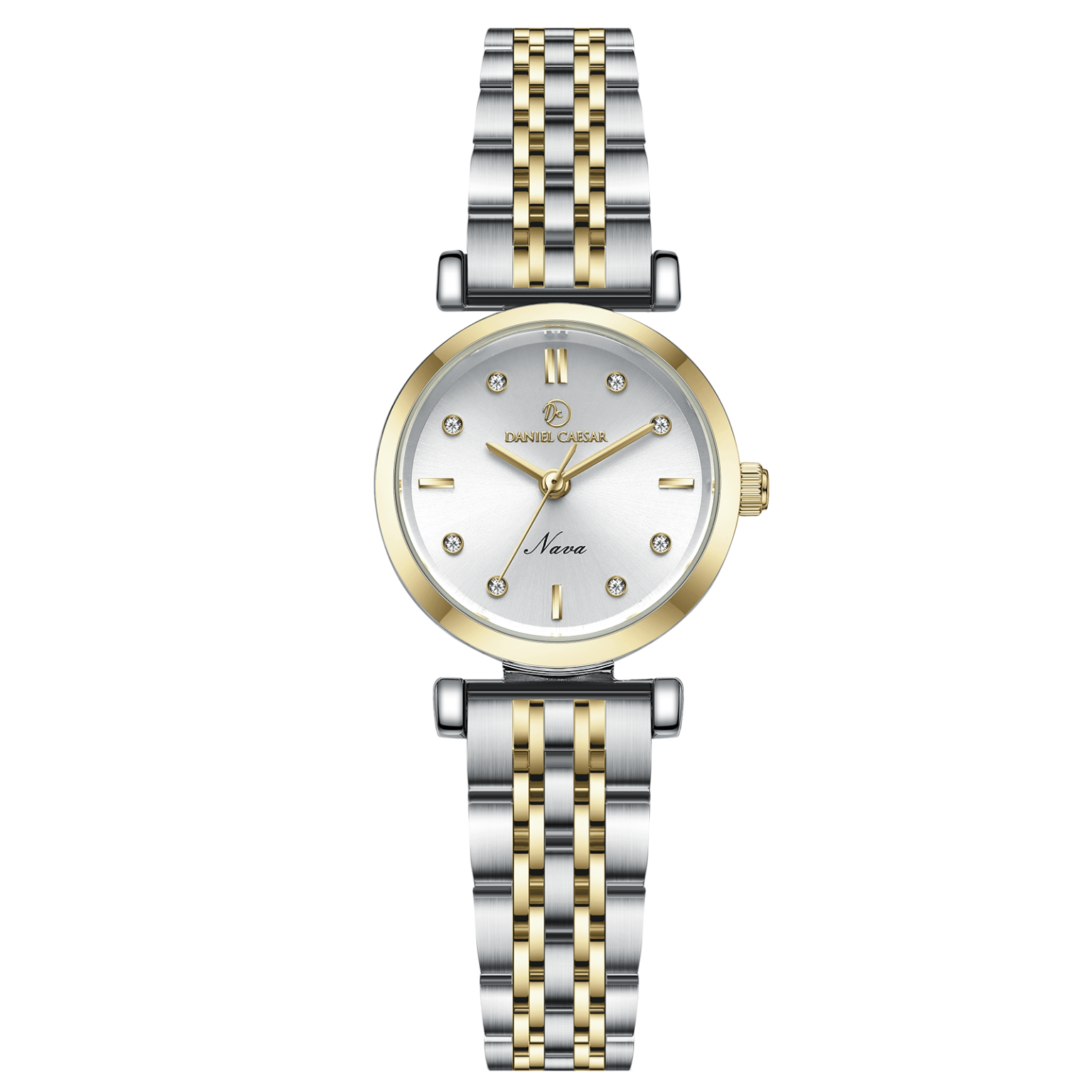 ساعت مچی زنانه دو رنگ قاب گرد بند فلزی