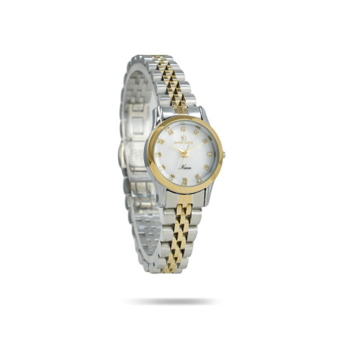 ساعت مچی زنانه دورنگ قاب گرد بند فلزی