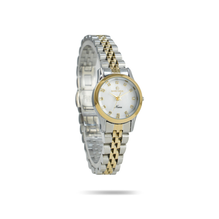 ساعت مچی زنانه دورنگ قاب گرد بند فلزی